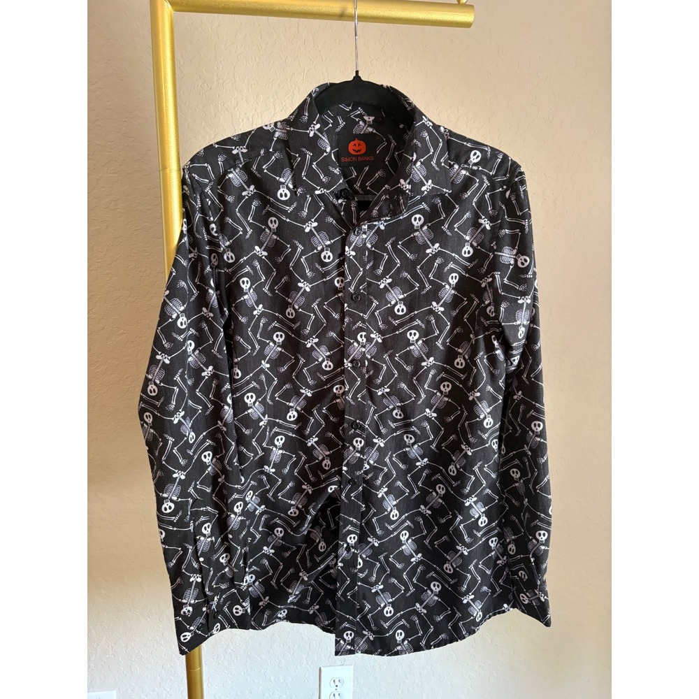 Simon Banks Skeleton Print Button Down Shirt Halloween Goth Small Novelty Mens